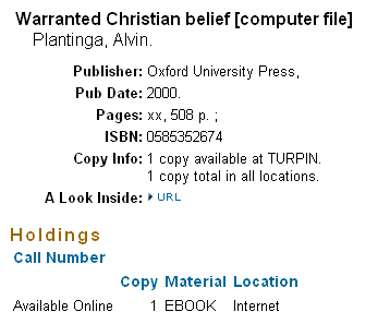 Typical ebook record in BIBLOS.