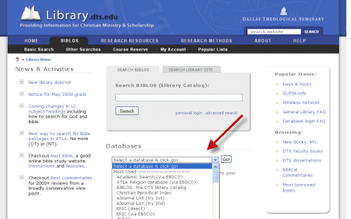 drop down list of databases at http://library.dts.edu home page